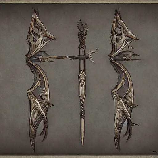 Prompt: concept art of elven bow weapon, symmetry, bow design, fantasy bow, fantasy, behance, pinterest, deviantart, artstation, weapons concept art, design, rpg, weapon, detailed, digital art, incredible, digital painting