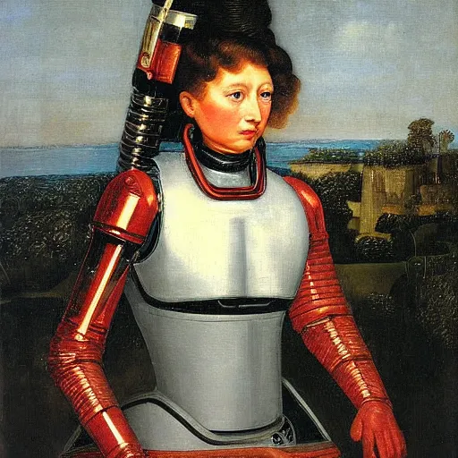 Prompt: a portrait of a female android by dieric bouts