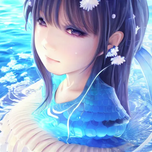 Image similar to 3D advanced digital art, a very cute anime girl wearing a dress made of water sleeping in a shell , full body, very long black hair, azure blue watery eyes, full round face, cinematic lighting, mid-shot, highly detailed, trending on pixiv, Steven Artgerm Lau, WLOP, Rossdraws, James Jean, Andrei Riabovitchev, totorrl, Marc Simonetti, visual key, and Sakimichan