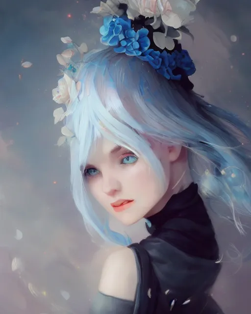 Prompt: girl with white hair and black skirt, flower decorations, dreamy, beautiful illustration, scifi, atmosphere, top lighting, blue eyes, perfect composition, smooth, artstation, highly detailed, art by yuhong ding and chengwei pan