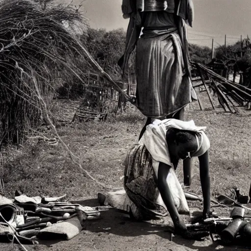 Image similar to photo of beautiful African native ancient woman inspecting railgun, tools and junk on the ground,wires with lights, old village in the distance, vintage old photo, black and white, sepia
