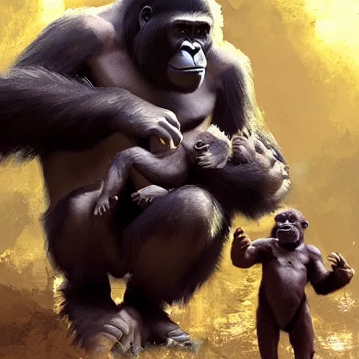 Prompt: A Gorilla explorer holding a human cub in his hands artwork by Craig Mullins, artstation trending, cinematic lighting