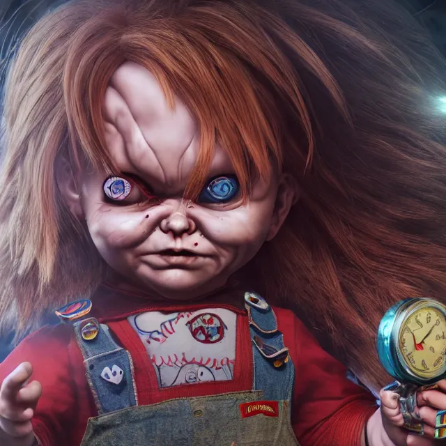 Image similar to chucky the doll, centred, very long hair, hd, hyperdetailed illustration by irakli nadar, intricate linework, bright colors, octopath traveler, final fantasy, unreal engine 5 highly rendered, global illumination, radiant light