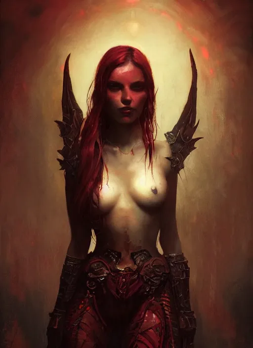 Image similar to diablo 4 lilith, red tones, beautiful face, rule of thirds, intricate outfit, spotlight, by greg rutkowski, by jeremy mann, digital painting