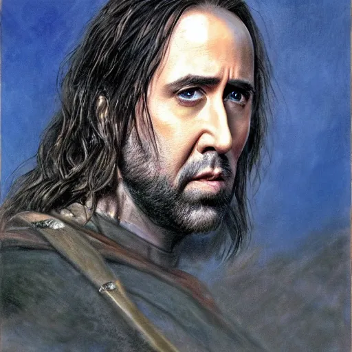 Image similar to portrait of nicolas cage as aragorn, by alan lee, lord of the rings, smooth, detailed terrain, oil painting, matte painting, concept art, trending on artstation, promotional artwork, film still, elegant, photorealistic facial features, intricate, detailed face, cinematic lighting