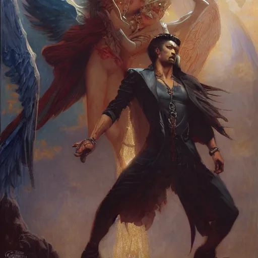 Prompt: attractive male deity casts dark spell, summons attractive male lucifer morningstar. highly detailed painting by gaston bussiere, craig mullins, j. c. leyendecker 8 k