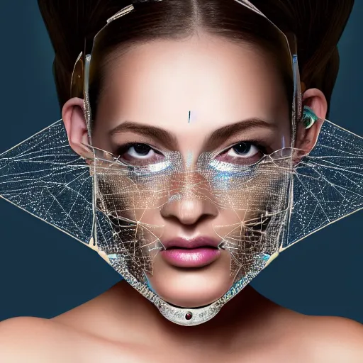 Prompt: portrait of a beautiful futuristic woman layered with high-tech jewelry wrapping around her face and head, 2063