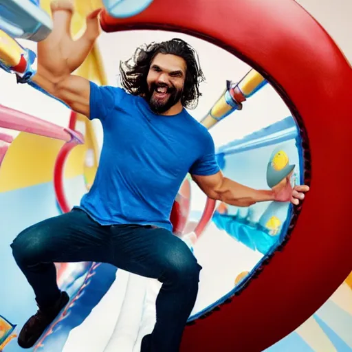 Prompt: A still of a happy, excited Jason Momoa playing on a children's toy slide in a toy commercial, 4k resolution, hyperdetailed, studio lighting