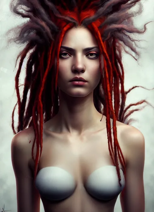 Prompt: photograph of gorgeous woman with half white half red dreadlocks in the style of stefan kostic, realistic, half body shot, sharp focus, 8 k high definition, insanely detailed, intricate, elegant, art by stanley lau and artgerm, foggy backgeound