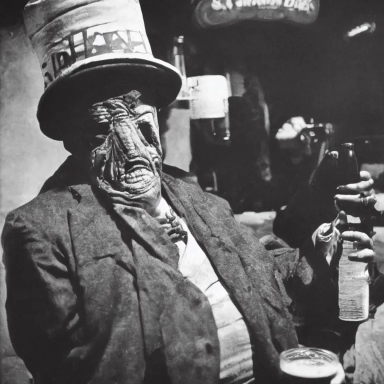 Prompt: Sepia medium shot shallow depth of field hyperrealistic street photography of an aging Lon Chaney Jr Mummy with a fez wearing a fancy suit drinking a bottle of beer in a dark dive bar by Lisette Model by Diane Arbus in 1957, grainy shocking detail hyperrealistic trending on artstation