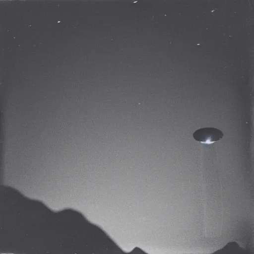 Image similar to a ufo flying over a distant mountain at night, blurry photo, historical photo, old polaroid, expired film,