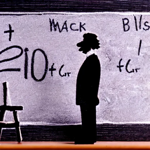 Image similar to claymation miniature scene of albert einstein standing in front of miniature blackboard with lots of mathematical formulas chalked on