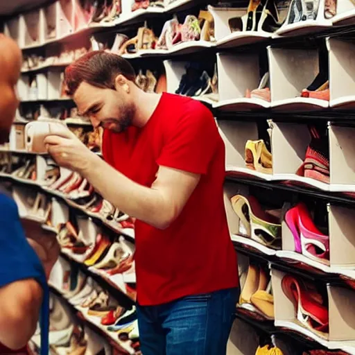 Prompt: a man with a red t - shirt trying to select from an infite number of shoes on shelves in a magical library