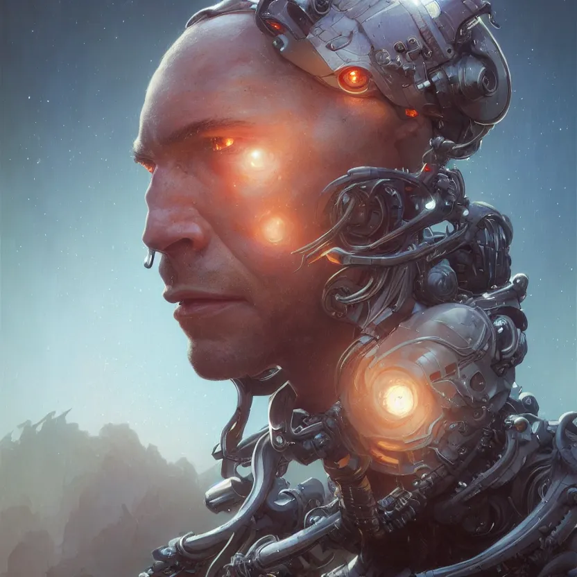 Prompt: hyper realistic detailed portrait of cyborg, stephen bliss, unreal engine, fantasy art by greg rutkowski, loish, rhads, ferdinand knab, makoto shinkai and lois van baarle, ilya kuvshinov, rossdraws, tom bagshaw, alphonse mucha, global illumination, radiant light, detailed and intricate environment, highly detailed, award winning art