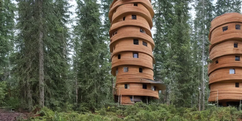 Prompt: tall tower residence made from enormous mushrooms, pacific northwest, round doors