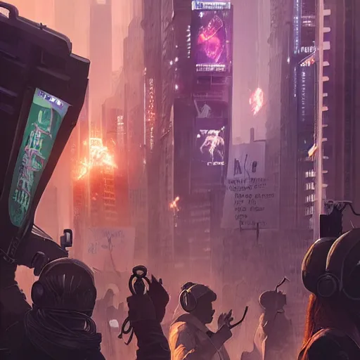 Image similar to protesters holding placards, detailed digital illustration by greg rutkowski, cyberpunk, android netrunner
