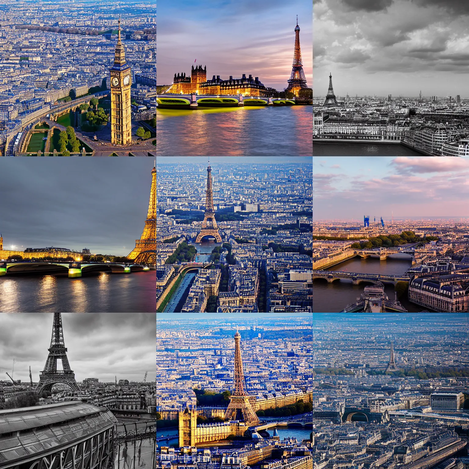 Prompt: the eiffel tower in london, big ben and houses of parliament and tower bridge in the background, professional, imax, photograph 7 0 mm, highly detailed, dramatic lighting