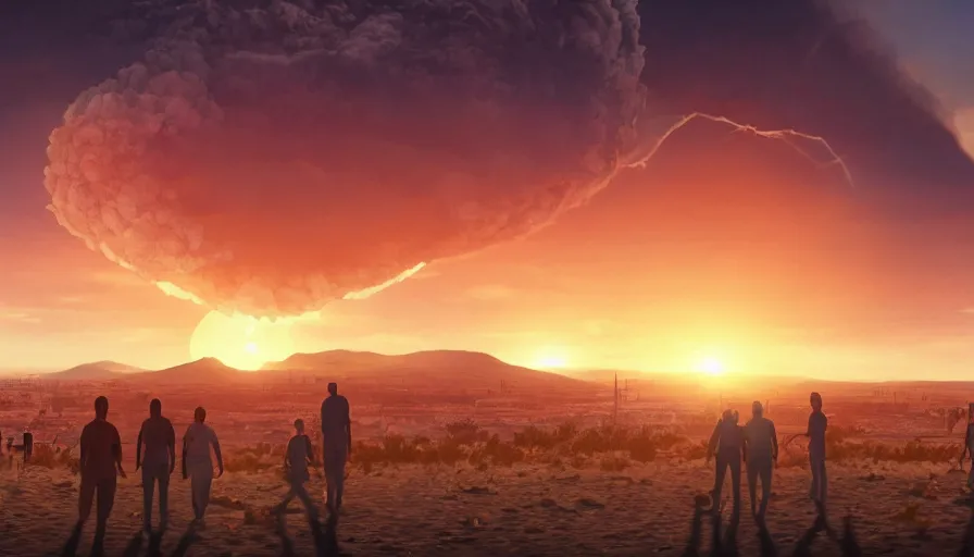 Image similar to survivors on a sand hill watching las vegas destroyed by nuclear explosion in the distance, nuclear cloud, sunset, hyperdetailed, artstation, cgsociety, 8 k