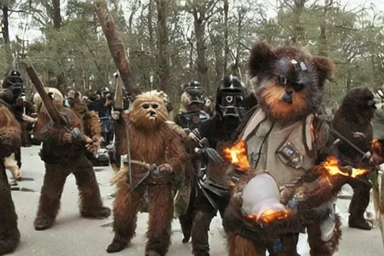 Prompt: ewoks rioting in front of a government building!!!, flaming torches and pitchforks