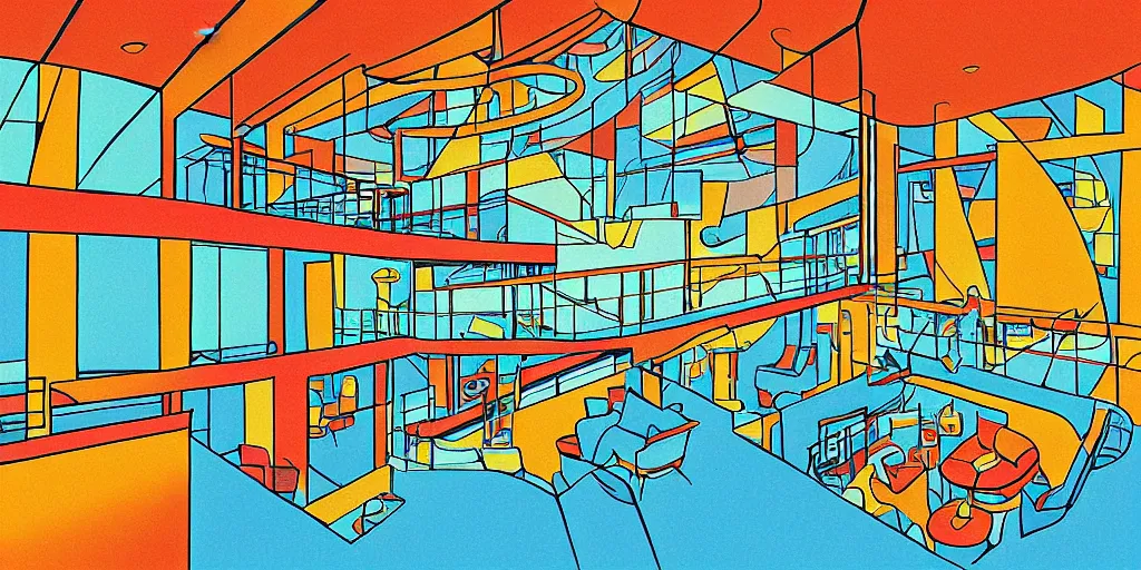 Image similar to modernist interior, seen from above, by René Laloux, line brush, full colour, coloured background