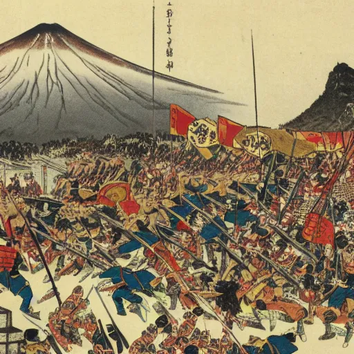 Prompt: battle between medieval spaniards and samurais at the foot of mount fuji