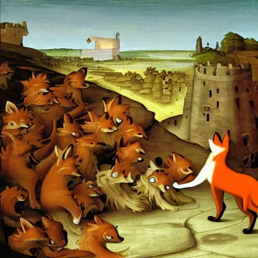 Image similar to an anthropomorphic Fox explores a Dungeon, Renaissance Painting