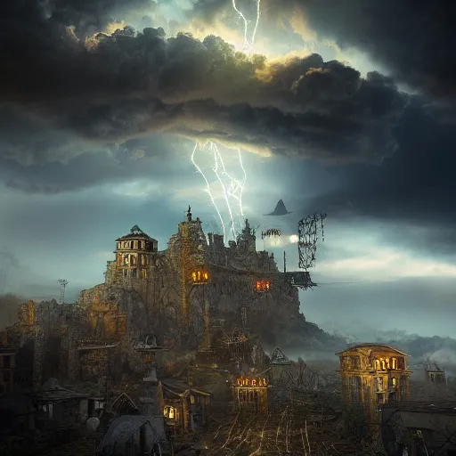 Image similar to a flying steampunk fortress, intricate, behrens style, octane render, fantasy digital art, beautiful composition, trending on artstation, night, meteors, lightning!!! storm, dramatic lighting,