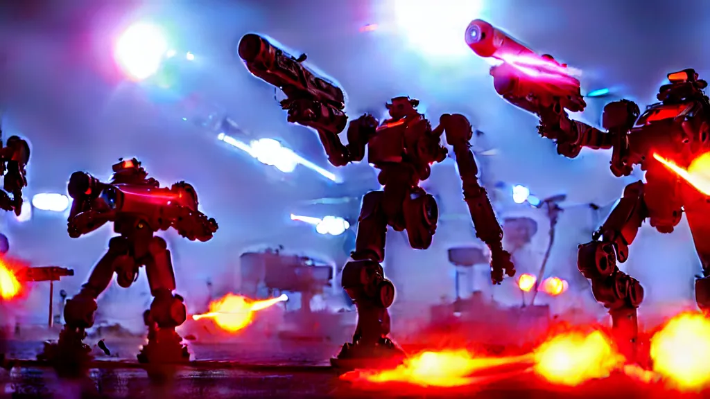 Image similar to futuristic mech soldiers firing away from the camera, eye catching composition, realistic, unreal engine 5, global illumination, detailed environment, bright colours, cinematic, atmosphere, 4 k