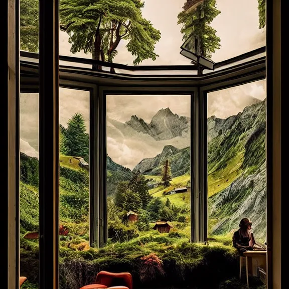 Image similar to fantastical living room with switzerland landscape in the window, beautiful dramatic lighting, overgrown with funghi, style by peter deligdisch, peterdraws