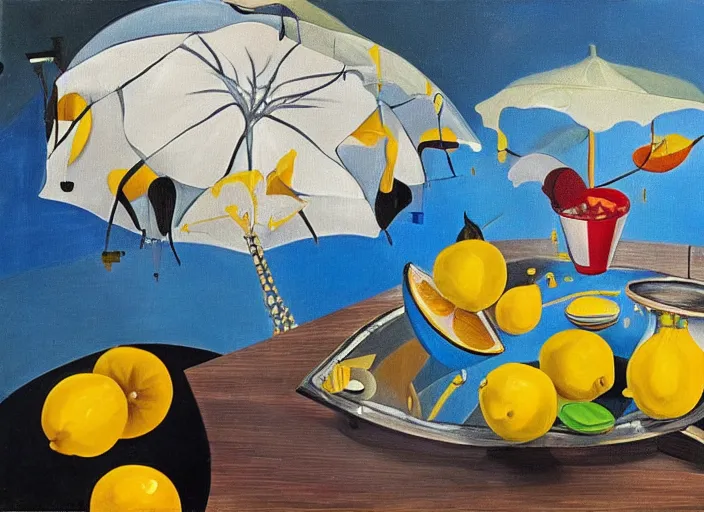 Image similar to abstract composition with lemons and umbrellas, oil on canvas, in the style of salvador dali,