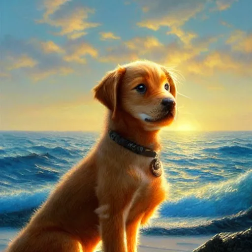 Prompt: a cute puppy on a windy day at the sea, eyes closed, wind through its fur, highly detailed, hyperrealistic, intricate, sunset in the background, rays of golden sunlight, oil painting by greg rutkowski and artgerm and wlop