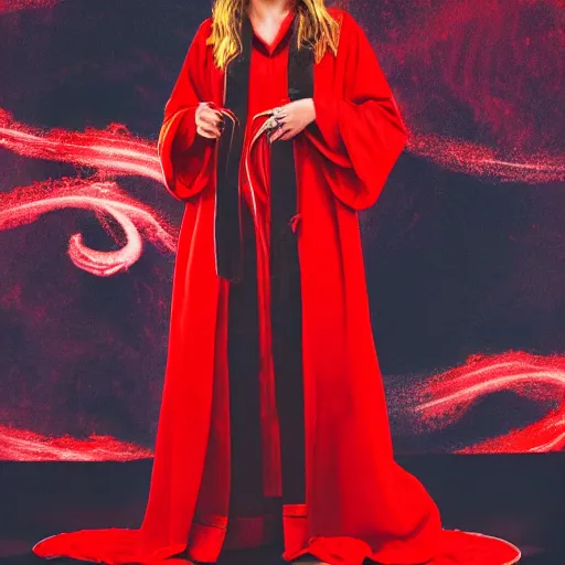 Image similar to a full body image of elizabeth olsen in a red wizards robe casting an evil spell, detailed face, red swirls, ominous lighting, night time, high quality