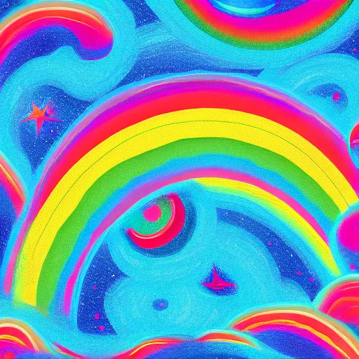 Image similar to space Dachshund floating of away from the earth, complex wavy rainbow lines, particles and distortion, in the style of Ori Toor