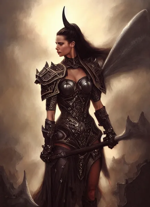 Prompt: a beautiful woman with horns and armor, victorian armor, adriana lima, painted by artgerm and tom bagshaw, fantasy art, dramatic lighting, highly detailed oil painting