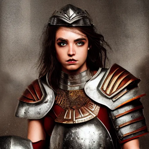 Image similar to pretty female gladiator wearing armor in the arena, shallow depth of field, moody lighting, 8 k, concept art,