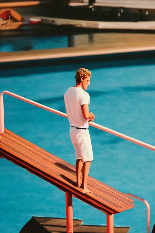 Image similar to close up of cody simpson standing on the diving board, summer olympics footage, 3 5 mm, highly detailed, color photo, cinematic lighting