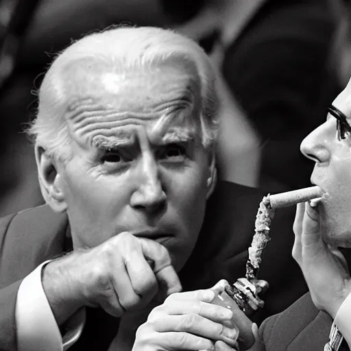 Prompt: stoned tom cruise and stoned joe biden smoking a bong together, award winning candid photography