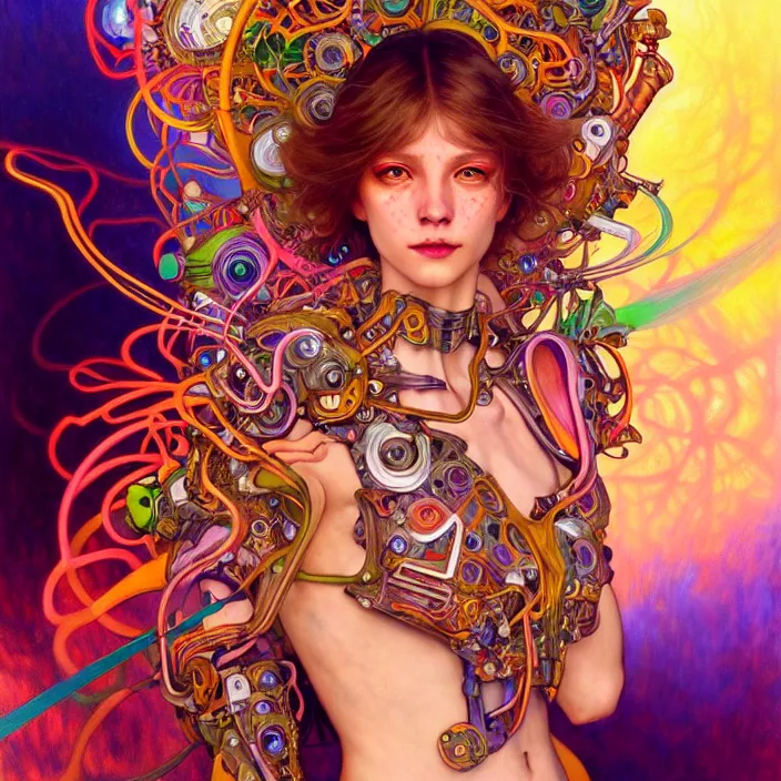 Image similar to bright psychedelic portrait of organic cyborg, wings, smiling, diffuse lighting, fantasy, intricate, elegant, highly detailed, lifelike, photorealistic, digital painting, artstation, illustration, concept art, smooth, sharp focus, art by John Collier and Albert Aublet and Krenz Cushart and Artem Demura and Alphonse Mucha