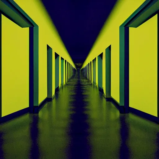 Image similar to noisy color photograph of a liminal space in the style of MC Escher, hallways, abstract 3d render, minimalist, oddly familiar, cinematic, dramatic lighting, soft vintage glow, floating liquid, stretching to walls, supernova inside facility, scared faces emerging from darkness