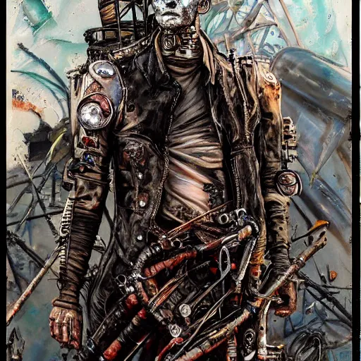 Image similar to mad max the road warrior by brendan mccarthywires cybernetic implants, steelpunk, abandoned steelworks, grime and grunge, in the style of adrian ghenie, esao andrews, jenny saville,, surrealism, dark art by james jean, takato yamamoto