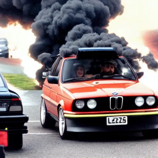 Image similar to close - up of angry greta thunberg with a bmw m 3 e 3 0 in the background, spewing black smoke from it's exhaust