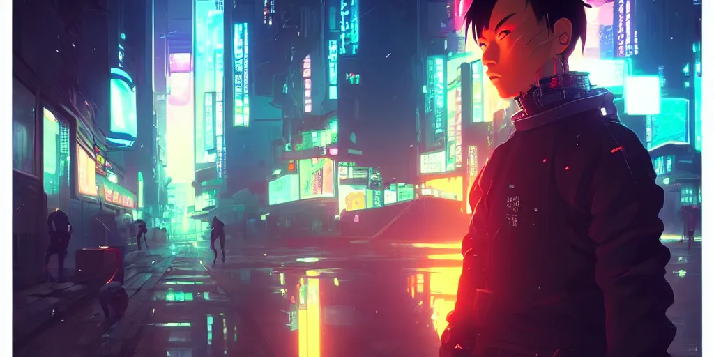 Image similar to digital illustration closeup portrait of cyberpunk samurai in city street at night by makoto shinkai, ilya kuvshinov, lois van baarle, rossdraws, basquiat | afrofuturism, in the style of hearthstone, trending on artstation | cool color scheme