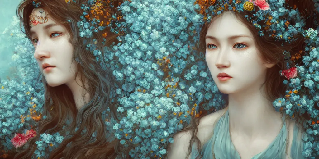 Image similar to breathtaking detailed concept art painting portrait of two hugs goddess of light blue flowers, carroty hair, orthodox saint, with anxious piercing eyes, ornate background, amalgamation of leaves and flowers, by hsiao - ron cheng, extremely moody lighting, 8 k