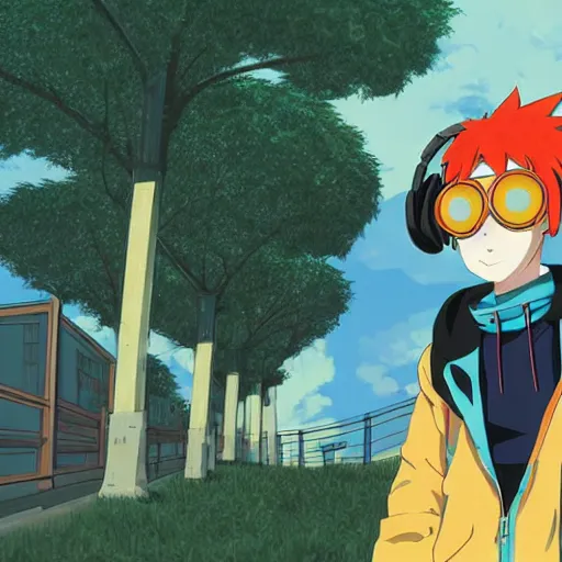 Prompt: anime boy with massive headphones, spiky orange hair, goggles, blue jacket, cel - shading, 2 0 0 1 anime, flcl, jet set radio future, golden hour, neighborhood, trees, oak trees, suburban neighborhood, cel - shaded, strong shadows, vivid hues, y 2 k aesthetic