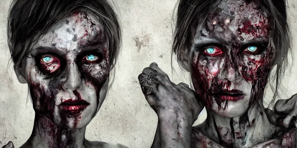 Prompt: portrait art, the most beautiful androgenous zombies, seductive, detailed striking eyes filled with life and death