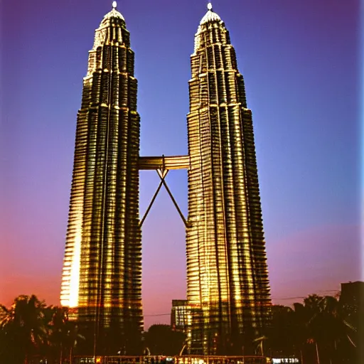 Image similar to the petronas towers shaped like elac debut floor standing speakers, ultra realistic, kodachrome 6 4, golden hour image