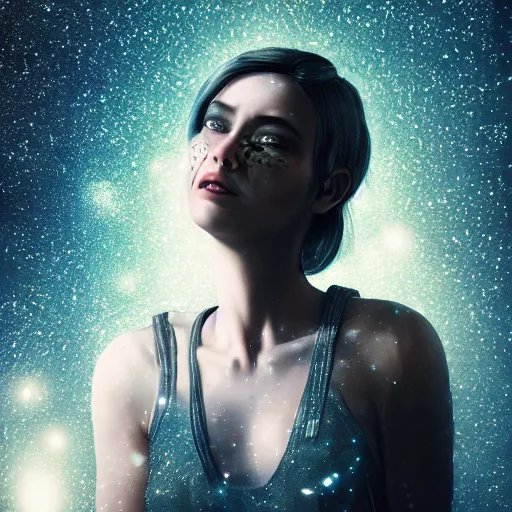 Image similar to woman portrait made out of galaxies, beautiful, cyborg, cinematic, comic book art, realistic, highly detailed, octane render, unreal engine