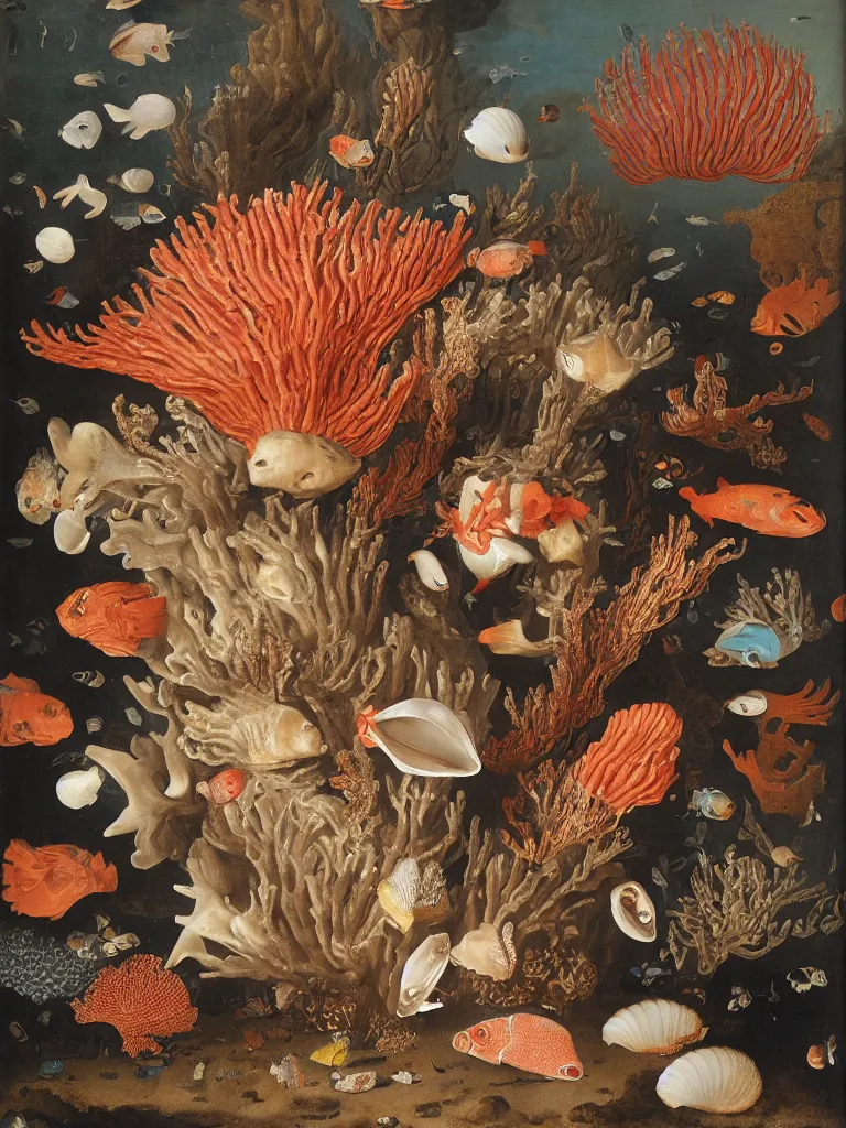 Image similar to Wan-li Vase of Coral under the sea, with shells and fish, Ambrosius Bosschaert the Elder, oil on canvas