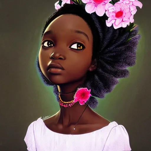 Image similar to little african girl with flowers in hair wearing an white dress. art by ilya kuvshinov, profile picture, inspired in hirohiko araki, realistic, highly detailed, 8 0 s anime art style, vogue cover