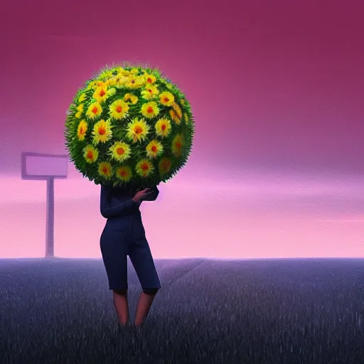 Image similar to giant daisy flower head, frontal, a girl in the suit, surreal photography, sunrise, dramatic light, impressionist painting, digital painting, artstation, simon stalenhag